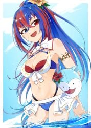 1girls alear_(female)_(fire_emblem) alear_(female)_(seaside_dragon)_(fire_emblem) alear_(fire_emblem) alternate_costume alternate_hairstyle ball bikini blue_bikini blue_eyes blue_hair blue_sky blue_swimsuit breasts character_ball cleavage cloud cloudy_sky criss-cross_halter crossed_bangs female female female_only fire_emblem fire_emblem_engage fire_emblem_heroes flower front-tie_bikini_top front-tie_top gold_armlet gold_thighlet hair_between_eyes hair_flower hair_ornament halterneck heterochromia high_ponytail highres holding holding_ball long_hair looking_to_the_side medium_breasts multicolored_bikini multicolored_clothes multicolored_hair multicolored_swimsuit navel nintendo nishi_gori_kun ocean official_alternate_costume official_alternate_hairstyle open_mouth outdoors ponytail red_bikini red_eyes red_flower red_hair red_swimsuit sky smile sommie_(fire_emblem) split-color_hair swimsuit two-tone_hair water white_bikini white_swimsuit yellow_flower