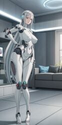 1girls ai_generated android blue_eyes breasts female futuristic hi_res highres indoors living_room long_hair naked nipples nude original_character pixai pussy robot skinny smile solo standing vagina white_hair