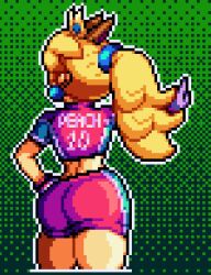 ass back back_view big_ass blonde_female blonde_hair mario_(series) mario_strikers mario_strikers_peach_back_view_redraw_(meme) mature_female nintendo pink_shorts pixel_art ponytail princess_peach queen_draos sports_shorts sports_uniform