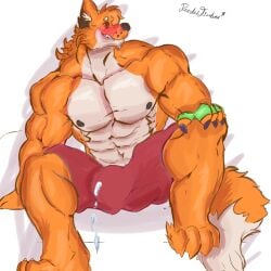 2024 2d 2d_(artwork) anthro biting_lip black_nipples blue_claws blush blush_lines canine claws cum cum_drip cumming eyaculation fox furry glove just_dance just_dance_2015 male muscular muscular_male no_visible_genitalia only_male orange_fur pandertimber principal_dancer_of_the_fox red_shorts simple_background sitting ubisoft