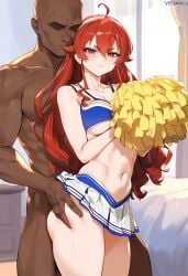 1boy 1girls ai_generated cheerleader cheerleader_uniform dark-skinned_male eris_greyrat geosan interracial light-skinned_female looking_at_viewer mushoku_tensei straight