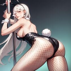 ai_generated ass breasts_out bunny_ears bunny_tail bunnysuit drag-on_dragoon drag-on_dragoon_3 drakengard drakengard_3 female female_only large_ass looking_back pantyhose seductive_smile smile stripper stripper_pole thighs white_hair zero_(drag-on_dragoon) zero_(drakengard)