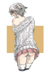 1boy animal_ears ass back_view blush exposed_shoulder femboy final_fantasy final_fantasy_viii hands_on_thighs looking_back male male_only skirt squall_leonhart stockings sweater upskirt