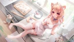 1girl 1girls :q ahoge animal animal_ear_fluff animal_ears apron ass bangs bare_shoulders blonde_hair blush breasts cake cat cat_ears cat_tail catgirl chocolate choker cleavage collarbone face_markings feet female food frilled_apron frills garter_straps hair_ornament hairclip indoors kitchen ladle large_breasts light-skinned_female light_skin lilnoot long_hair looking_at_viewer medium_breasts mixing_bowl naked_apron no_shoes pot potted_plant red_eyes slippers smile solo spatula squchan_(vtuber) tail thighhighs thighs tongue tongue_out virtual_youtuber vtuber vyugen whisk white_apron white_legwear window