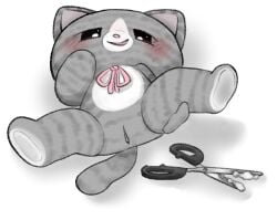 animate_inanimate anthro chibi domestic_cat felid feline felis female fur grey_body grey_fur mammal plushie plushophilia scissors solo touboutenshi