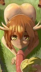 1boy 1girls :3 brown_hair deer deer_girl deer_horns frynler green_eyes looking_at_viewer looking_up male_pov my_deer_friend_nokotan pov shikanoko_noko shikanoko_nokonoko_koshitantan