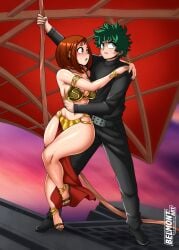 1boy 1girls belmont big_breasts brown_hair couple_(romantic) crossover damsel_in_distress freckles_on_face green_eyes green_hair holding_onto_partner holding_waist izuku_midoriya jabba's_palace luke_skywalker_(cosplay) male my_hero_academia ochako_uraraka slave_bikini slave_collar slave_leia_(cosplay) slave_outfit slavegirl star_wars thick_thighs