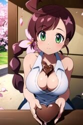 1girls ai_generated belly belly_button big_breasts bra breasts chloe_(pokemon) cleavage collarbone female female_focus female_only green_eyes large_breasts long_hair nintendo pokemon purple_hair ryuzam solo tied_hair