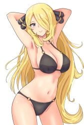 blonde_hair breasts cynthia_(pokemon) female female_only looking_at_viewer maho_(corotonton5150) nintendo pokemon solo swimsuit