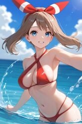 1girl ai_generated armpit bare_arms bare_shoulders beach bikini bikini_bottom bikini_top blue_eyes boob_window breasts brown_hair cleavage clouds female hips lake looking_at_viewer may_(pokemon) may_(pokemon_oras) medium_hair navel paquebot pokemon pokemon_oras pokemon_rse red_bikini red_bikini_bottom red_bikini_only red_bikini_top red_swimsuit red_swimwear ribbon sky smile smiling smiling_at_viewer solo solo_focus splashing summer sunlight swimming swimsuit swimwear thighs water