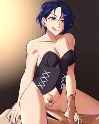 1boy 1girls black_hair bodice breasts corset corset_only cowgirl_position cum cum_on_breasts cum_on_face dominant dominant_female female female_on_top female_pubic_hair femdom fire_emblem fire_emblem:_three_houses hairy_pussy hand_on_penis handjob holding_penis licking licking_lips medium_breasts mostly_nude mostly_nude_female myutoeve nintendo nipples precum pubic_hair purple_eyes pussy shamir_nevrand short_hair source_request vagina