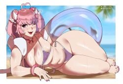 1girls ahoge angelicsavior1 beach belly_button bikini blush breasts child_bearing_hips choker colored_nails elf_ears feet female_only hair_ornament hips horn horns ironmouse large_breasts laying_on_side lipstick lying_on_side midriff ocean on_side open_mouth painted_nails painted_toenails pink_hair pointy_ears pointy_nails pool_toy sand sharp_nails solo_female stomach sweat sweatdrop thick_thighs thighs virtual_youtuber vshojo wink winking_at_viewer