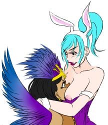 2girls alternate_costume artyarely big_breasts black_hair blue_hair carnival_queen_neith dark-skinned_female dark_skin female female_only goddess hi-rez_studios light-skinned_female light_skin motorboating mythology neith_(smite) nu_wa_(smite) playful_bunny_nu_wa smite yuri