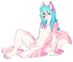 2020 4_toes 5_fingers absurd_res anthro blue_hair canid canine canis digital_media_(artwork) domestic_dog fingers fur hair hi_res kyotoleopard looking_at_viewer male male_only mammal pink_body pink_fur red_eyes simple_background sitting smile solo solo_male toes white_background