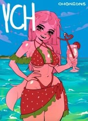 anthro beach big_breasts bikini bikini_bottom bikini_top blush breasts breasts_out_of_clothes curves curvy curvy_body curvy_female curvy_figure curvy_hips female female_focus female_only hand_on_hip holding_alcohol holding_cocktail holding_drink holding_object human humanoid ocean ocean_background ohonions seaside seductive sexy sexy_pose smile smiling smiling_at_viewer strawberry strawberry_panties strawberry_print summer thick thick_ass thick_thighs thighs ych ych_(character)