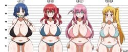 4girls big_breasts bikini blue_eyes blue_hair blush blushing bocchi_the_rock! breasts gigantic_breasts gotou_hitori hair_ornament height_chart height_difference huge_breasts ijichi_nijika kita_ikuyo lineup long_hair navel nervous nervous_smile pink_hair red_eyes red_hair seireiart side_ponytail sweat tagme wide_hips yamada_ryou yellow_eyes yellow_hair