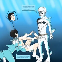 3boys fins forced_sex freckles gay gay_sex gills humanoid naked original original_artwork original_character original_characters pannoshonen penis prince sea sea_creature tattoo tattoos testicles text_bubble transformation underwater