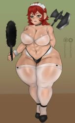 1girls axe big_ass big_breasts big_butt big_ears breasts chubby_female dungeon_meshi dwarf dwarf_female maid maid_headdress namari_(dungeon_meshi) onichandd5 red_hair see-through see-through_bra sexy_maid tagme thick_thighs thigh_socks