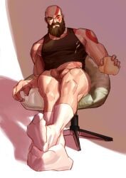 bald bald_man bara beard bottomless daddy dilf facial_hair gay glasses god_of_war kratos male male_focus male_only masculine_male mature_male muscles muscular muscular_legs muscular_male muscular_thighs older_male post_masturbation red_markings seanhexiao sitting_on_chair socks tank_top tank_top_only thick_thighs white_body white_skin white_socks yaoi