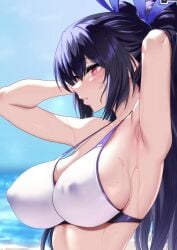 1girls armpits arms_behind_head beach big_breasts black_hair blush breasts busty cleavage covered_nipples erect_nipples_under_clothes female female_only hair_ribbon half-closed_eyes highres large_breasts long_hair neptunia_(series) noire nyamota_(artist) ocean parted_lips pose posing red_eyes ribbon seductive seductive_look sensual sexy_armpits solo sweat twintails water