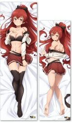 1girls abs ass back bare_back bare_belly bare_shoulders bare_thighs barefoot bed_sheet belly_button black_panties black_thighhighs blush body_blush bra bracelet breasts cleavage collarbone dakimakura dakimakura_design eris_greyrat feet female female_abs female_only hair_ribbon head_turned holding_skirt long_hair lying lying_on_stomach medium_breasts mouth_closed mushoku_tensei official_art open_shirt panties red_eyes red_hair ring skirt solo thighhighs thighhighs_removed thighs toes zettai_ryouiki