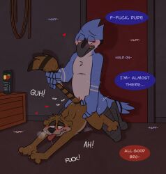 anal anal_sex anthro aroused avian bird blue_jay cartoon_network corvid doggy_style duo from_behind_position hi_res jay_(bird) male male/male mammal mordecai_(regular_show) new_world_jay oscine passerine penetration procyonid raccoon regular_show rigby_(regular_show) rotten_robbie rough_sex sex tail tail_pull truly_(drink)