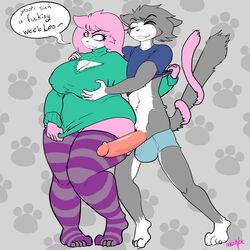 2015 aeris_(vg_cats) anthro big_breasts blinking blue_eyes breast_grab breasts clothing dialogue duo entwined_tails feline feline female fur green_eyes grey_fur grey_hair hair hand_on_breast huge_breasts iamzavok legwear leo_(vg_cats) male mammal penis pink_fur pink_hair shirt slightly_chubby smile stockings sweater underwear vg_cats