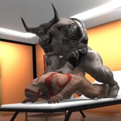 3d anal_sex animated anthro anthro_dominating_male anthro_on_human anthro_on_male anthro_penetrating_human anthro_penetrating_male bald bald_man bara beard bovine bull crossover daddy daddy_penetrated dilf doggy_style dragon_age_inquisition facial_hair gay gay_sex god_of_war hip_grab iron_bull kratos male male/male male_focus male_only masculine_male mature_male muscles muscular muscular_male nude older_male red_markings tagme tattoos video waist_grab white_body white_skin yaoi zoupie3d