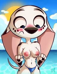 101_dalmatian_street 101_dalmatians 1anthro 1dog 1female 1girl 2024 anthro anthro_female anthro_focus anthro_only artist_signature beach beach_background bikini bikini_bottom black_spots blue_bikini_bottom blush blush_lines blushing blushing_female boobs boobs_out bouncing_boobs bouncing_breasts bouncing_tits breasts breasts_out canid canine canis clouds dalmatian digital_drawing_(artwork) digital_media_(artwork) disney dog dolly_(101_dalmatians) domestic_canine domestic_dog female female_anthro female_dog female_focus female_only heart_symbol hi_res high_resolution highres inkbunny looking_down nipples ocean pkbrnsh0ck_(artist) raised_eyebrows solo solo_anthro solo_female spots spotted_body spotted_fur sun surprised_expression surprised_face tail tits tits_out water white_body white_fur wobble