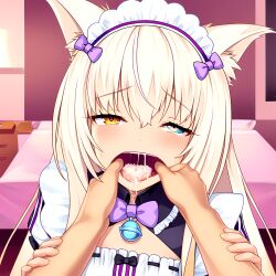 ai_generated cat_ears cat_girl coconut_(sayori) cum cum_in_mouth cum_on_mouth fingers_in_mouth maid maid_headdress maid_uniform nekopara tagme tongue tongue_out