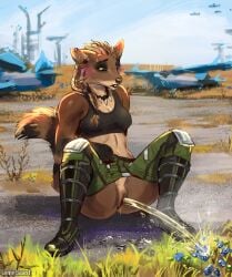 aircraft airfield airplane anthro blush bodily_fluids boots bottomwear bottomwear_down breasts canid canine canis clothed clothing collar crop_top crouching digital_media_(artwork) ear_piercing ear_ring female female_peeing fur genital_fluids genitals grass hair hi_res lameboast mammal midriff open_mouth outside pants pants_down partially_clothed peeing piercing planet plant pussy ring_piercing shirt sky solo spread_legs spreading tail teeth topwear urine urine_stream vehicle watersports wolf