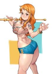 1girls big_breasts bikini booty_shorts bra breasts female female_only jeans kelvin_hiu large_breasts long_hair nami nami_(one_piece) ok_sign one_piece orange_eyes orange_hair post-timeskip shorts solo solo_female tattoo thick_thighs