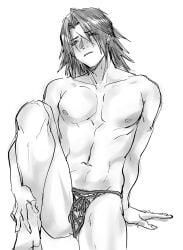 1boy blush final_fantasy final_fantasy_viii kingdom_hearts knee_up male male_only naked naked_male nipples nude nude_male squall_leonhart string_panties wrapped yaoi