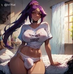 1futa ai_generated areolae big_breasts big_penis big_thighs bleach bleach:_the_thousand-year_blood_war breasts bulge choker futa_only futanari lvl7kat penis purple_hair shihouin_yoruichi wet white_panties white_shirt yellow_eyes