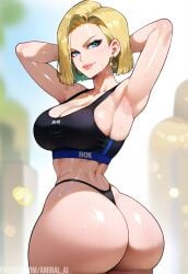 1girls ai_generated amiral_ai android_18 armpits arms_behind_head arms_up ass ass_focus big_ass big_butt blonde_hair blue_eyes breasts dragon_ball dragon_ball_super dragon_ball_z earrings female female_only g-string hi_res hoop_earrings huge_ass jewelry light-skinned_female light_skin lipstick long_hair makeup mature mature_female midriff milf panties patreon_username pinup presenting presenting_ass revealing_clothes sagging_breasts shoulder_length_hair solo sports_bra sweat sweatdrop thick_ass thick_thighs thighs thong underwear watermark wet wet_skin wide_hips workout_clothes