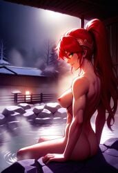 1girls ai_generated areolae big_breasts breasts detailed_background green_eyes high_ponytail long_hair nipples ponytail pyrrha_nikos red_hair rwby shiny_hair shiny_skin sidelocks tagme