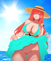 big_ass big_breasts bikini blue_clothing female female_only flashing flashing_pussy friccxl highres looking looking_at_viewer nami nami_(one_piece) no_bra no_panties ocean ocean_background one_piece pixel_art red_hair sundress swimwear viewed_from_below