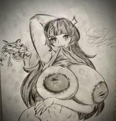 arm_support armpits big_nipples black_and_white blonde_hair blush choquita feline huge_breasts long_hair meme mouth_hold navel oc paper pencil_(artwork) sergz2008 shadow surprised tummy wide_hips