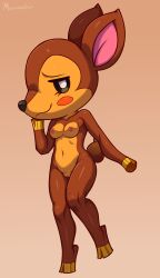 2020 absurd_res animal_crossing anthro artist_name biped black_nose blush blush_stickers breasts brown_body countershade_torso countershading deer digital_drawing_(artwork) digital_media_(artwork) fauna_(animal_crossing) female full-length_portrait gradient_background half-closed_eyes hi_res hoof_hands hooves knock-kneed looking_at_viewer mammal mouth_closed narrowed_eyes navel nintendo nipples nude pink_inner_ear portrait raised_hoof raised_leg scut_tail short_tail simple_background sketchy_skylar small_breasts smile snout solo standing tail tan_background touching_own_face