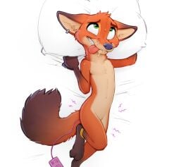 anal anal_sex anklet anthro bed black_nose bodily_fluids brown_body brown_fur canid canine cropped disney drooling ear_piercing eye_roll fox fur furniture green_eyes hi_res jewelry lying lying_on_bed male male_only mammal nick_wilde nude nude_anthro object_in_ass on_bed orange_body orange_fur penetration piercing pillow saliva sex_toy sex_toy_in_ass sex_toy_insertion simple_background solo sweat tongue tongue_out vibrator vibrator_in_ass white_background zaush zootopia