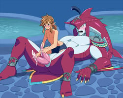 ass blonde_hair blush breath_of_the_wild bulge cherrypicmilk cum diphallia diphallism gay gym_shorts handjob link male_only multi_penis nintendo penis pointy_ears sidon_(zelda) smile straddling sweat the_legend_of_zelda yaoi zora