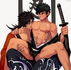 2boys abs bara bulge doudanuki_masakuni lifting male male_only multiple_boys muscle muscles mutsunokami_yoshiyuki sword tagme touken_ranbu weapon wink yaoi