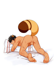 1boy ass bed_sheet black_hair doudanuki_masakuni male male_only muscle nude penis pillow scar solo testicles touken_ranbu yellow_eyes