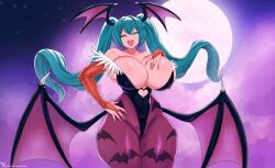 1girls big_breasts breasts busty capcom cleavage clothing cosplay darkstalkers female female_only hatsune_miku huge_breasts large_breasts looking_at_viewer moon morrigan_aensland_(cosplay) one_eye_closed png solo thecon thick_thighs vocaloid wide_hips wings wink winking_at_viewer