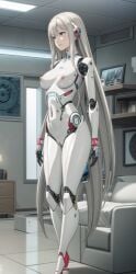 1girls ai_generated android blue_eyes breasts female futuristic hi_res highres indoors living_room long_hair naked nipples nude original_character pixai pussy robot skinny smile solo standing vagina white_hair