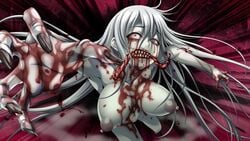 blood breasts chasing claws fangs grand_guignol_no_yoru grey_skin large_breasts long_hair monster monster_girl motion_lines nipples nude running tears teeth white_hair