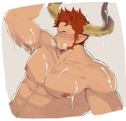 1boy agielba bara blush cum draph granblue_fantasy horns male male_only muscles nabana_(bnnbnn) red_hair solo steam sweat tagme topless yaoi