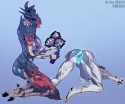 aceavoeexkillo anal anal_insertion anal_penetration anus lube on_bottom on_knees pussy pussy_juice simple_background valkyr_(warframe) voruna_(warframe) warframe