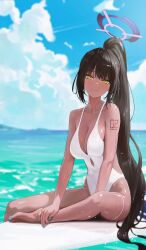 alternate_costume arm_tattoo black_hair blue_archive blush breasts casual_one-piece_swimsuit cleavage clothing_cutout collarbone commentary dark-skinned_female dark_skin female fieryonion fingernails halo highleg highleg_one-piece_swimsuit highres karin_(blue_archive) large_breasts long_hair looking_at_viewer nail_polish number_tattoo one-piece_swimsuit outdoors ponytail simple_bird sitting smile solo swimsuit tattoo thigh_strap toenail_polish toenails toes very_long_hair wet wet_hair white_one-piece_swimsuit yellow_eyes