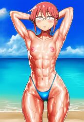 abs ai_generated androgynous armpits beach biceps blue_sky erect_nipples exhibitionism flat_chest flat_chested glasses highleg_bikini_bottom highleg_thong kobayashi kobayashi-san_chi_no_maidragon muscular_female navel outdoors red_hair small_breasts topless topless_female water wide_hips